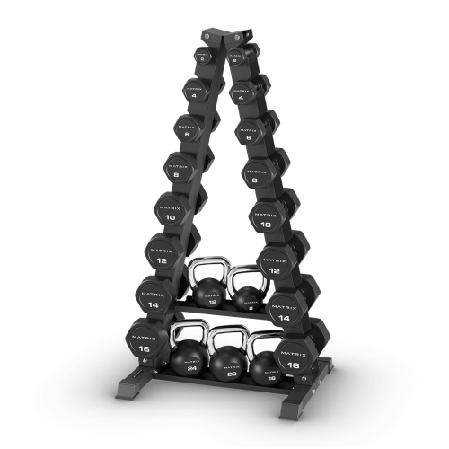 Стойка вертикальная для гантелей и полками для гирь Matrix Fitness A-Frame DB Rack w/KB shelf (на 8 пар)
