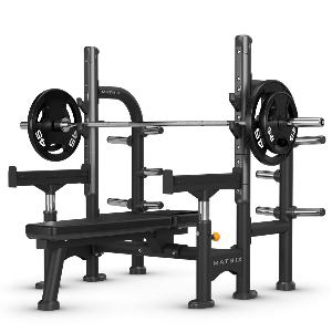 Нагружаемый дисками тренажер Matrix Fitness MAGNUM MG-A78S cкамья горизонтальная для жима со страховочными упорами