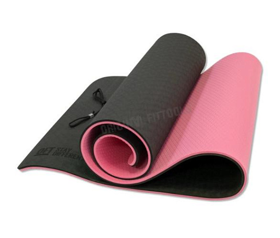 Коврик для йоги Original FitTools 10 мм двухслойный TPE черно-розовый фото6