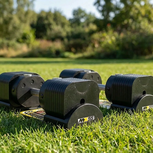 Гантель регулируемая MX Select MX55 EVO, рифленая стальная рукоять, вес 4.9-25.3 кг, 1 шт