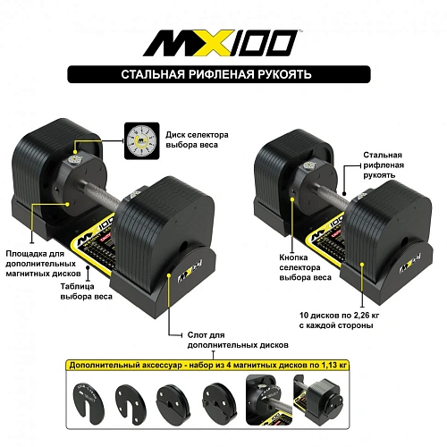 Пара регулируемых гантелей MX Select MX100 EVO, рифленая стальная рукоять, вес 5.9-45.4 кг, 2 шт