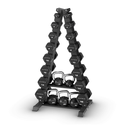 Стойка вертикальная для гантелей и полками для гирь Matrix Fitness A-Frame DB Rack w/KB shelf (на 8 пар)