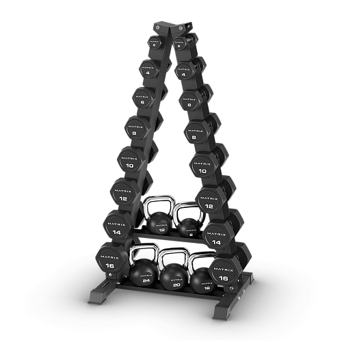 Стойка вертикальная для гантелей и полками для гирь Matrix Fitness A-Frame DB Rack w/KB shelf (на 8 пар)