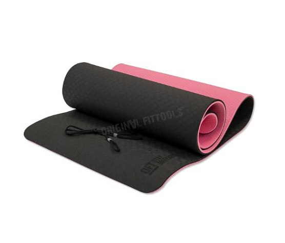 Коврик для йоги Original FitTools 10 мм двухслойный TPE черно-розовый фото5