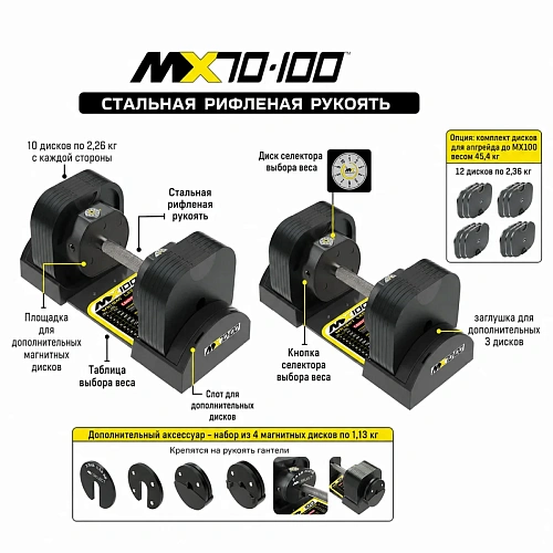 Гантель регулируемая MX Select MX70-100 EVO, вес 5.9-32.2 кг, 1 шт