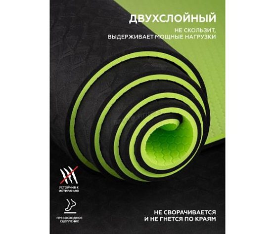 Коврик для йоги Original FitTools 10 мм двухслойный TPE черно-зеленый фото3