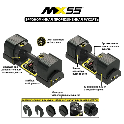 Гантель регулируемая MX Select MX55 EVO, эргономичная прорезиненная рукоять, вес 4.9-25.3 кг, 1 шт
