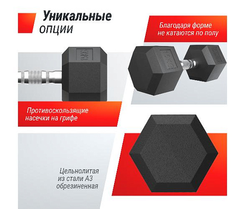 Гантель гексагональная обрезиненная Unix Fit 15 кг / шт.