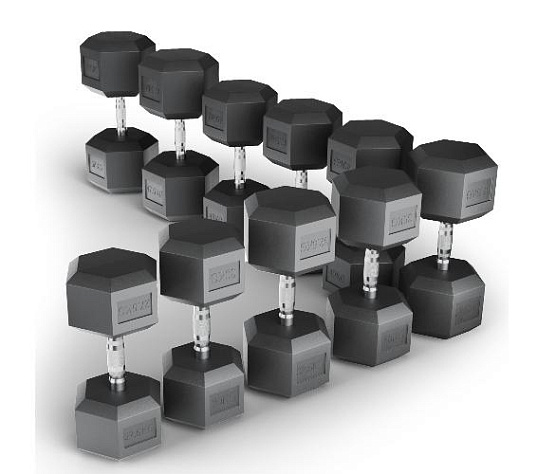 Ряд гексагональных гантелей обрезиненных Unix Fit от 27,5 до 50 кг