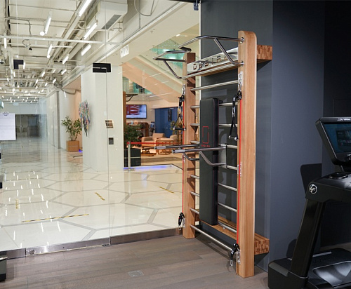 Шведская стенка из шпона дуба с эспандерами, брусьями и скамьей Desire Eco Slab Plus