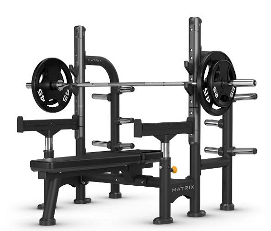 Нагружаемый дисками тренажер Matrix Fitness MAGNUM MG-A78S cкамья горизонтальная для жима со страховочными упорами
