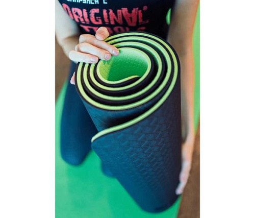 Коврик для йоги Original FitTools 10 мм двухслойный TPE черно-зеленый